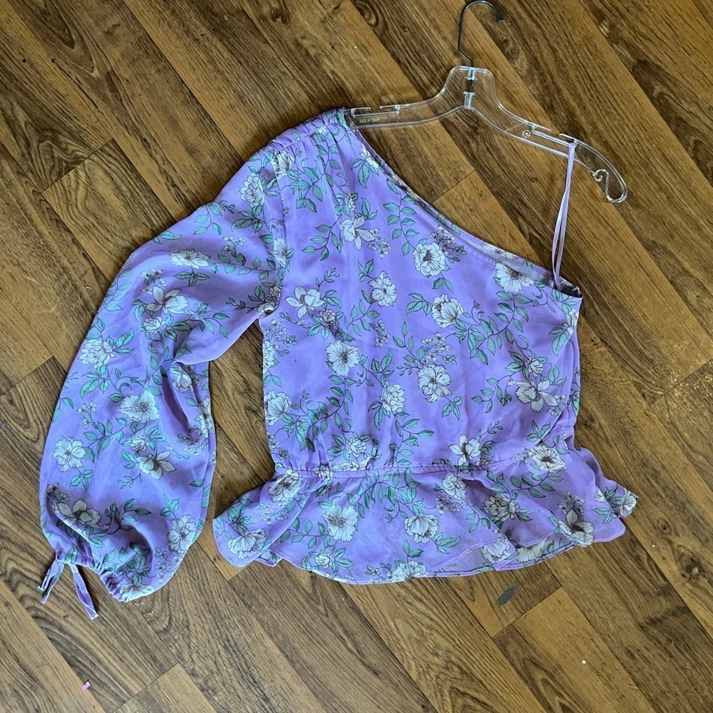 Vici Floral One-Shoulder Purple Top with Sheer Bishop Sleeve